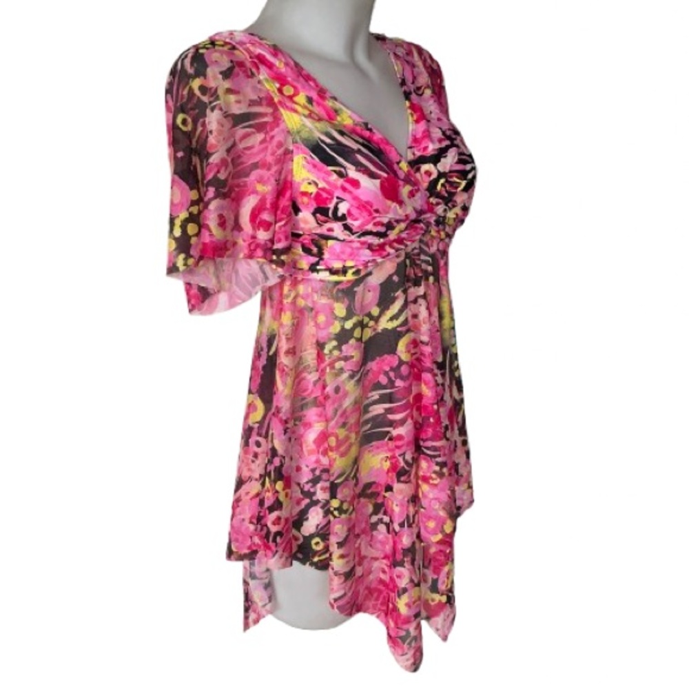 Vintage Floral Pink Yellow Peach & Black Swim Top / Cover Up Small